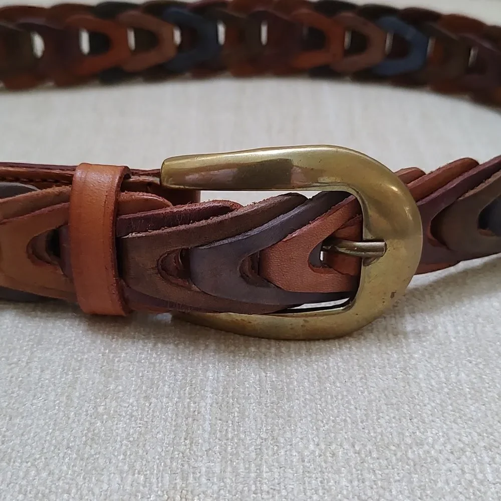 Genuine Leather Multi Color Woven Link Belt Brass Buckle